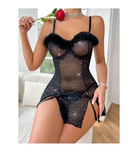 Cuplu Simli Peluş Detaylı Kurdeleli Mini Gecelik String Takım