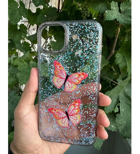 Apple iPhone 14 Pro Max Uyumlu Taşlı Simli Kelebekli Kılıf (Gri)