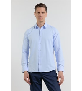 Mavi Kendinden Desenli Sert Yaka Uzun Kol Cepsiz Slim Fit Pamuklu Gömlek 1004255283