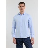 Mavi Kendinden Desenli Sert Yaka Uzun Kol Cepsiz Slim Fit Pamuklu Gömlek 1004255283