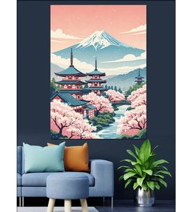 Fuji Dağı Ve Japon Tapınağı Dekoratif Kanvas - Mdf Ahşap Tablo