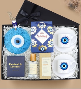 Türk Kahvesi & 2'li Fincan & Nazar Boncuğu & Atelier Rebul Premium Kolonya & Mum Hediye Seti