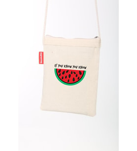 Geleneksel Filistin Yarım Karpuzlu "IF YOU KNOW YOU KNOW" Dijital Baskılı Askılı Kanvas Bez Fermuarlı Çanta 18*25 CM (Krem)
