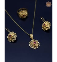 Yakut Taşlı Gül Model Kadın 925 Ayar Gümüş Telkari Üçlü Set 201025206