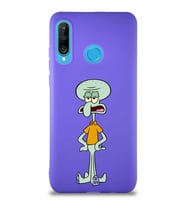 Huawei P30 Lite Soft Premier Kapak Squidward Dokunaç Tasarımlı Silikon Kılıf - Mor (Şeffaf)