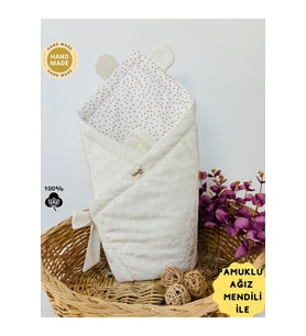 BEBEK BATTANİYESİ BEBEK KUNDAĞI AYICIK KULAKLI ŞERİTLİ PAMUKLU BEBEK ÖRTÜSÜ