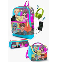 Coral High Kids Gri Mavi Pembe Anime Desenli USB'li 3’lü Okul Çanta Seti - Kız Çocuk