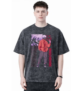 Tasarım Ken Kaneki Tokyo Ghoul Anime Baskılı Unisex Oversize Eskitme Yıkamalı Tişört