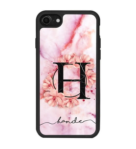 iPhone 8 Uyumlu Pudra Mermer Çiçekli Harf Tasarımlı Glossy Telefon Kılıfı
