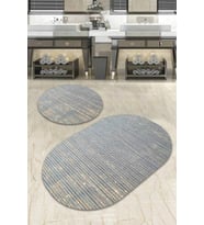 Mavi Çizgi Desen Banyo Halısı Klozet Oval Paspas Seti BS063