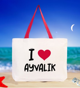 BK Gift I Love Ayvalık Renkli Kulp Kanvas Plaj Çantası 48x40m, Baskılı Omuz Çantası, Alışveriş Çantası (Kırmızı)