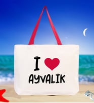 BK Gift I Love Ayvalık Renkli Kulp Kanvas Plaj Çantası 48x40m, Baskılı Omuz Çantası, Alışveriş Çantası (Kırmızı)