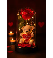 LED Işıklı Mika Fanus İçinde Gül ve Lüx Peluş Ayıcık – 20 cm Sevgiliye Hediye