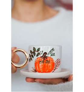 Özce Ceramic Balkabağı Desenli Handmade 24k Altın Detaylı 100ml Türk Kahvesi Fincan ve Tabak