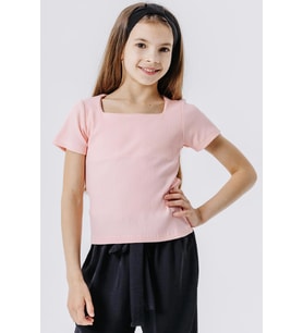 Breeze Kız Çocuk Crop Tişört Fitilli Kare Yaka 9-14 Yaş, Somon
