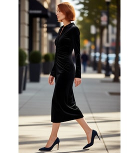 Kadın Siyah Kadife Midi Bodycon Elbise Polo Yaka Uzun Kol Büzgü Detaylı Smart Casual Stili