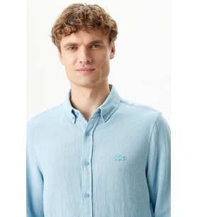 Lacoste Men's Regular Fit Button-Down Collar Linen Shirt Green Erkek Düğmeli Yaka Keten Gömlek Mavi
