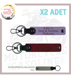 Motor Tutkunlarına Özel, İsim Plaka ve B Rh (+) Kan Grubu Özel Üretim 2'li Anahtarlık, Mor-Bordo-Gr