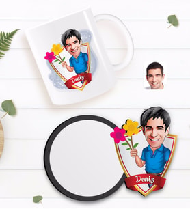 BK Gift Kişiye Özel Erkek Karikatürlü Beyaz Kupa ve Ahşap Bardak Altlığı Hediye Seti-1
