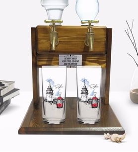 BK Gift Kişiye Özel Renkli Baskılı İstanbul Tasarımlı İkili Rakı Bardağı ve Çift Musluklu Doğal Ahşap Rakı Standı-1 (Model 1)