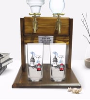 BK Gift Kişiye Özel Renkli Baskılı İstanbul Tasarımlı İkili Rakı Bardağı ve Çift Musluklu Doğal Ahşap Rakı Standı-1 (Model 1)