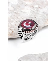 Mineli Türk Bayrağı Kenarı Çember Taşlı Gümüş Erkek Yüzük