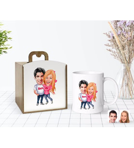 BK Gift Kişiye Özel Ahşap Kutuda Sevgililer Karikatürlü Beyaz Kupa Bardak-5