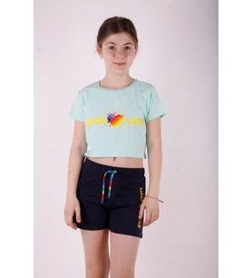 Toontoy Kız Çocuk Likee Baskılı Cebi Şortlu Takım (Mint Yeşili)