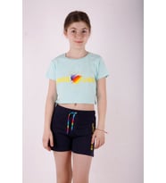 Toontoy Kız Çocuk Likee Baskılı Cebi Şortlu Takım (Mint Yeşili)
