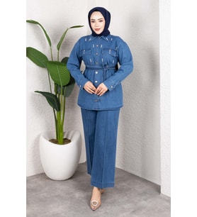 Taş Detaylı Kuşaklı Denim Tesettür Takım Açık Mavi