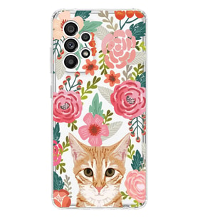 Samsung Galaxy A72 Uyumlu Kedi ve Çiçek Desenli Şeffaf Telefon Kılıfı