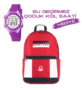 Çocuk Kol Saati Hediyeli Benetton Büyük Kapasiteli Çocuk Okul Çantası B.NT.04287 (Kırmızı)