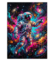 Neon Galakside Astronot Uzay Manzarası Dekoratif Kanvas - Mdf Ahşap Tablo
