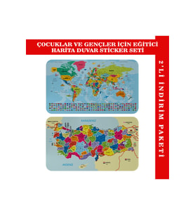 Türkçe Dünya ve Türkiye Haritası Eğitici Ülke Bayraklı Çocuk Odası Genç Odası Duvar Sticker-3882B-85x130