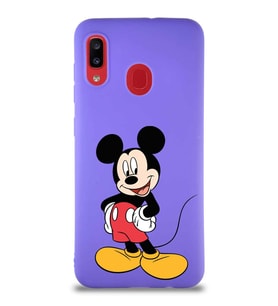 Samsung Galaxy A20 Soft Premier Kapak Mickey Mouse-E Tasarımlı Silikon Kılıf - Mor (Şeffaf)