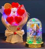 Size Özel Renkli Led Işıklı Fanus ve Renkli Led Işıklı Kalp Buketi Hediye Seti (Model 6)