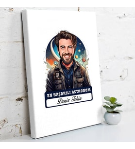 Kişiye Özel Hediye Karikatürlü En İyi Erkek Astronom Kanvas Tablo