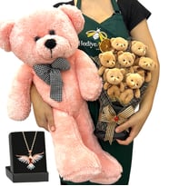 7'li Peluş Ayıcık Buketi, Renkli Anka Kuşu Kolye ve Pembe Peluş Ayıcık (Model 2)