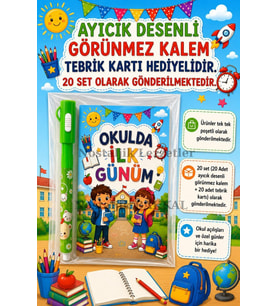 20 Adet Okula Yeni Başlayan Öğrencilere Özel Hediye Seti 1. Sınıf- Sene Başı Ayıcık Desenli Görünmez Kalem Tebrik Kartı Hediyeli