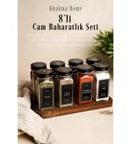 Ahşap Standlı 8'li Cam Baharatlık Seti  120 ml  Siyah Kapak ve Siyah Etiketli  Minimal Tasarım