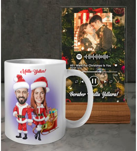 Kişiye Özel Fotoğraflı ve İsimli Yılbaşı Kadın Erkek Karikatürü Tasarımlı Beyaz Kupa ve Fotoğraflı Yılbaşı Mutlu Yıllar Christmas Tasarımlı Masaüstü Plak oh1225
