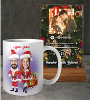 Kişiye Özel Fotoğraflı ve İsimli Yılbaşı Kadın Erkek Karikatürü Tasarımlı Beyaz Kupa ve Fotoğraflı Yılbaşı Mutlu Yıllar Christmas Tasarımlı Masaüstü Plak oh1225