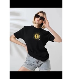 Unisex Bisiklet Yaka Baskılı T-Shirt - Siyah