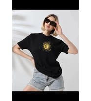 Unisex Bisiklet Yaka Baskılı T-Shirt - Siyah