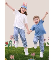 Mavi Çizgili Dokuma Unisex Kız Erkek Çocuk Dokuma Pantolon İlkbahar-Yazlık 2-8 Yaş