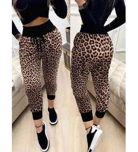 pilelistore- Kadın Yüksek Bel Bağcıklı Desenli Iki Iplik Pantolon (Leopar)