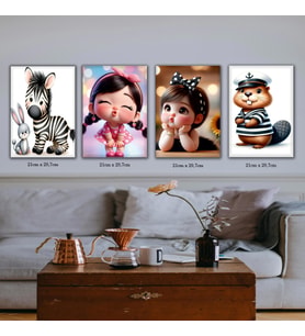 sevimli kız sincap zebra tavşan çocuk odası resimli 4lü hd baskılı kanvas tablo resim