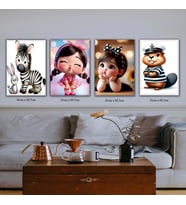 sevimli kız sincap zebra tavşan çocuk odası resimli 4lü hd baskılı kanvas tablo resim