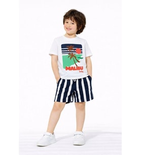 Cg Kids Malibu Kabartma Baskılı Tshirt Çizgili Lacivert Şort ile Süper Kalite