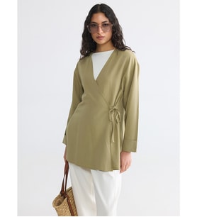 LCW Modest Yeşil Kruvaze Yaka Keten Karışımlı Kadın Kimono